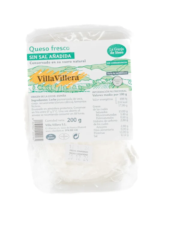 Queso Fresco artesanal de Sieso Sin Sal Añadida Villa Villera 200g