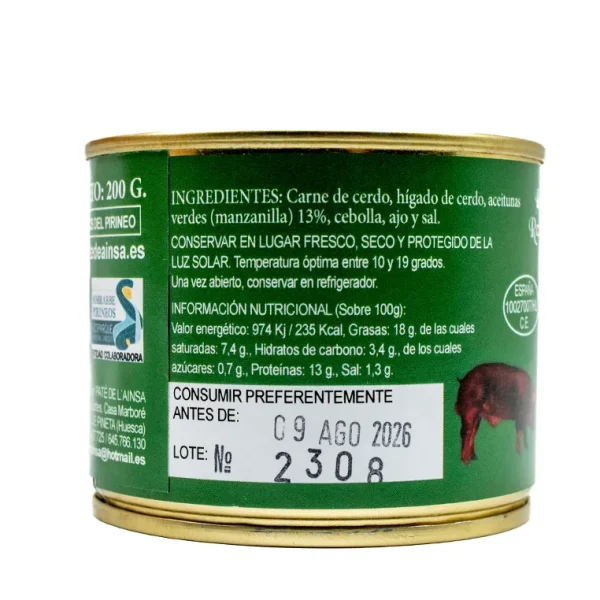 Paté de L'Ainsa de Cerdo con Olivas 200g - Imagen 2